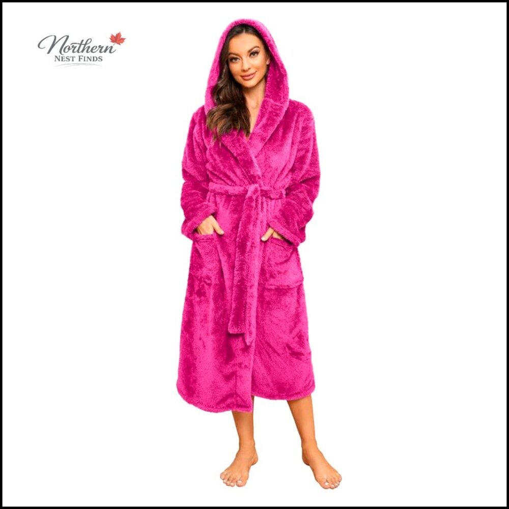 Thick Plush Fleece Hooded Bathrobe, Long Warm House Coat with Pockets